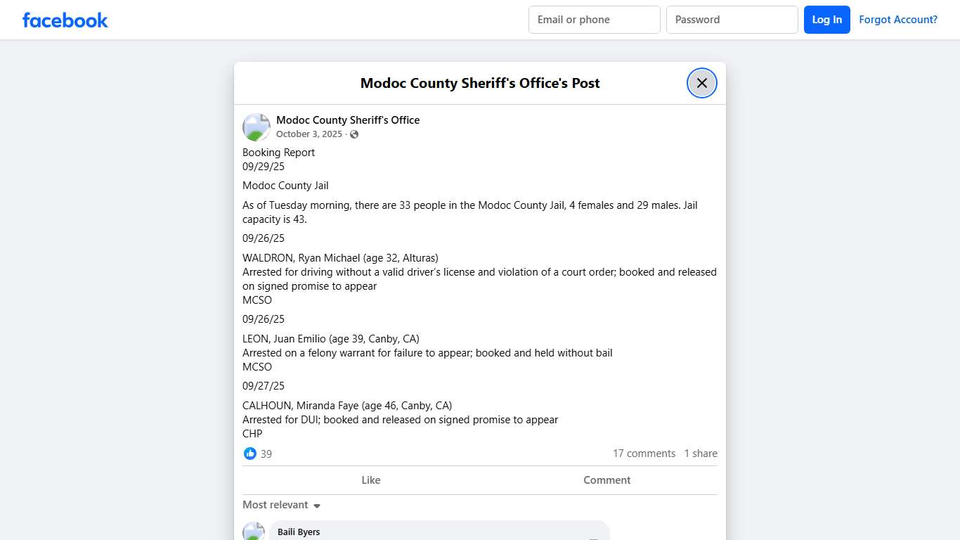 Booking Report 09/29/25... - Modoc County Sheriff's Office | Facebook